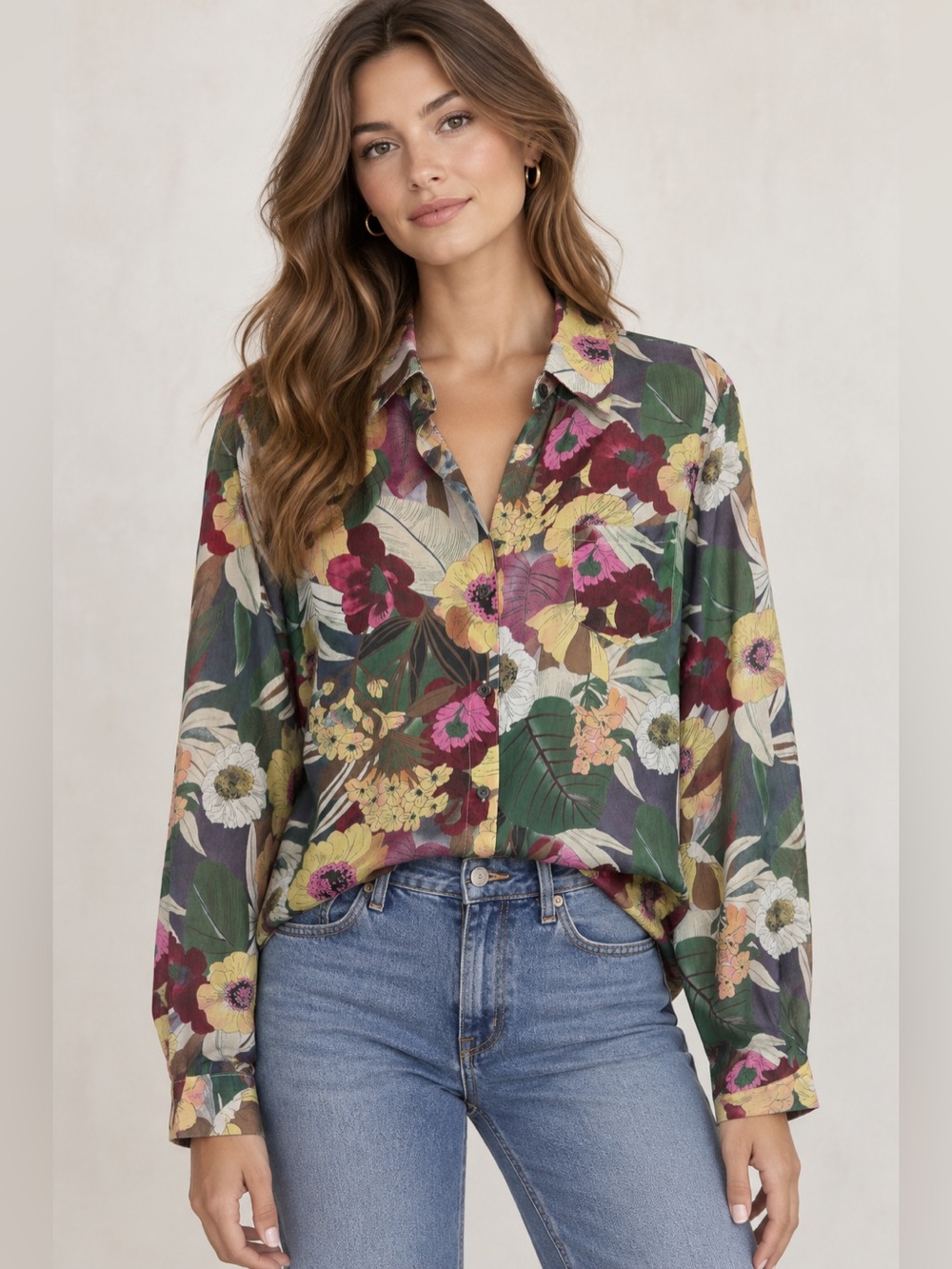 POL Floral Button Front Blouse Large Cotton Blend Boho Cottagecore Shirt